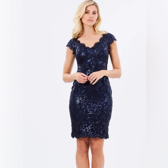 NEW! Tadashi Shoji Paillette Embroidered Lace V-Neck Dress Sequins Blue SZ 6 - Picture 6 of 14